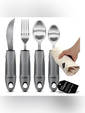 BunMo Adaptive Utensil Set w/ Travel Wrap – Weighted Easy Grip Silverware – New